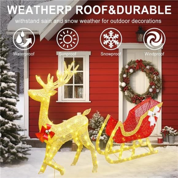 Pre-lit Christmas Reindeer,  Light Up Gold Deer and Red Sled with LED Light - Picture 7 of 7